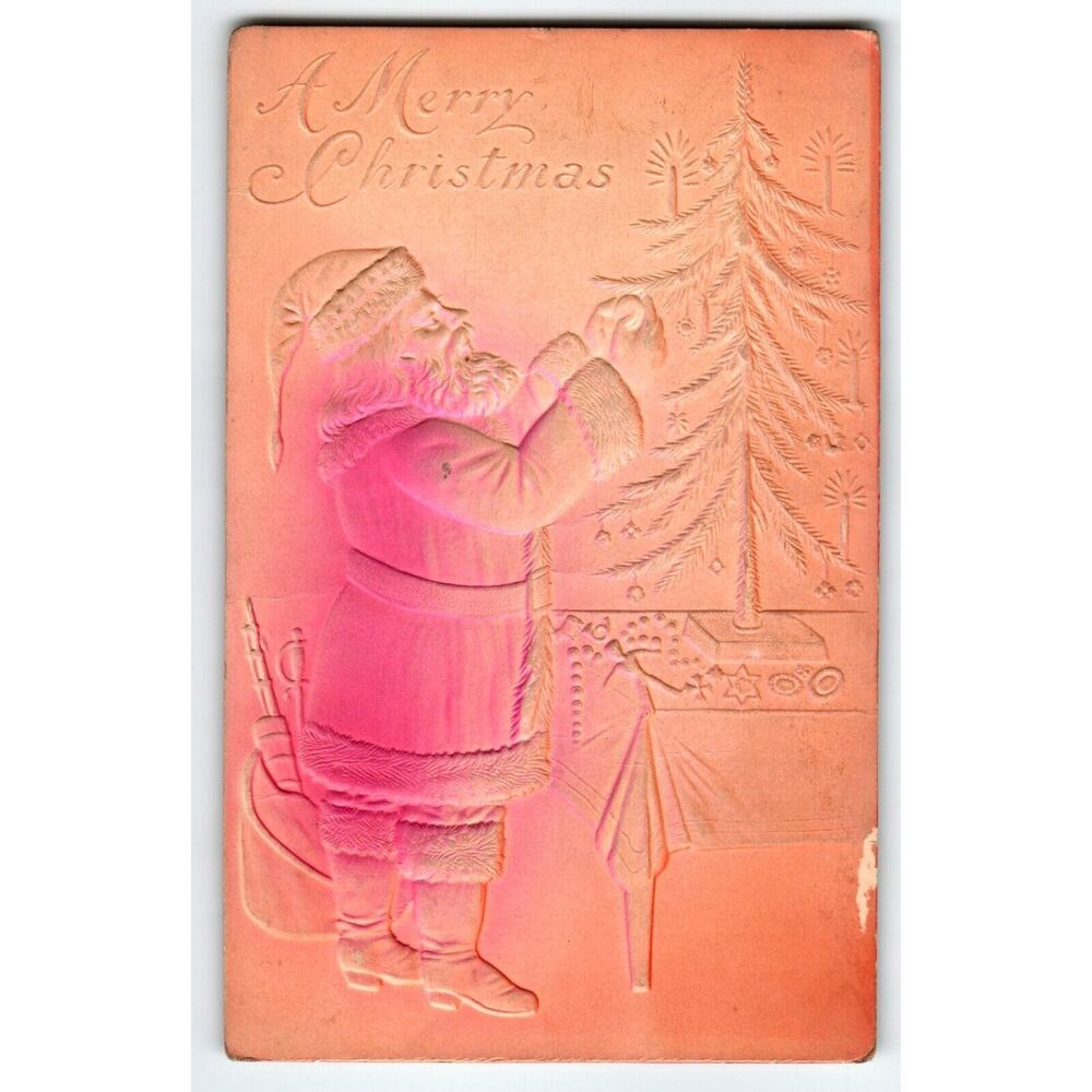 Santa Claus Christmas Postcard Airbrushed Embossed Decorates X-mas Tree 1909